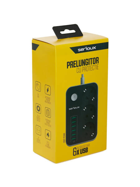 Prelungitor Serioux cu protectie 3x Schuko 6x USB Negru