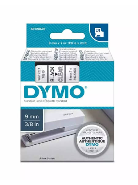 Banda laminata Dymo D1 DY40910 9mm, Negru/Transparent